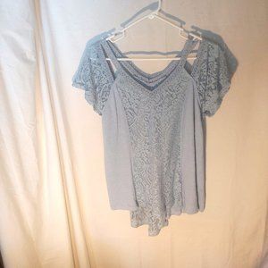 Feminine Lace Off-The-Shoulder Dressy T-shirt by Doe and Rae.